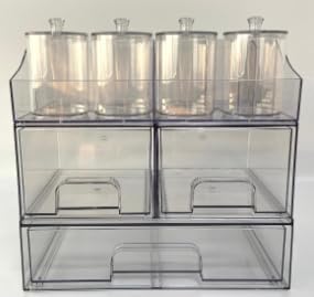 Vtopmart 8 PCS Bathroom Countertop Organizer, 1 Divided Tray with 4 Qtip Holder Jars and 3 Drawers, Restroom Clear Organizers for Toothbrush, Cotton Pads, Vanity Accessories Storage Set
