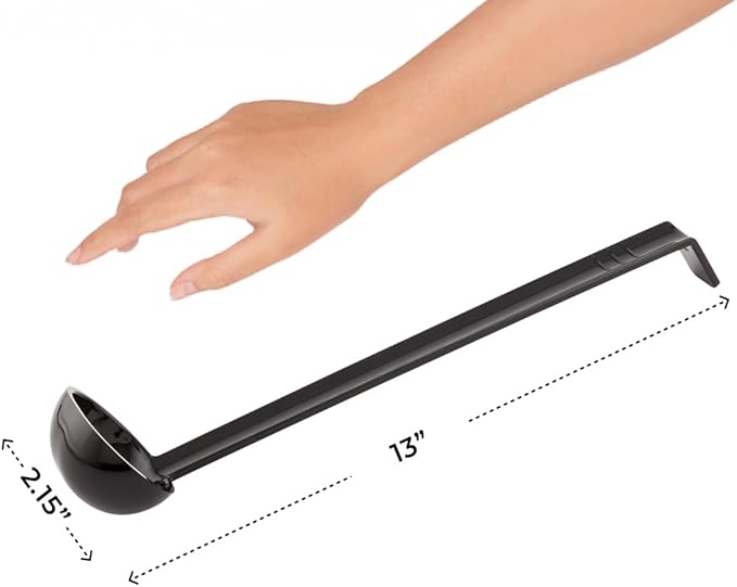 Restaurantware 1 Ounce Serving Ladle 1 Hook Handle Portion Ladle - Dishwasher-Safe Reusable Black Plastic Gravy Ladle For Stirring Pouring And Serving