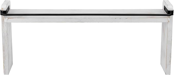 MyGift 33 Inch Wide Over The Stove Top Spice Shelf, Shabby White Washed Solid Wood and Industrial Black Metal Space Saving Stovetop Range Storage Display Rack