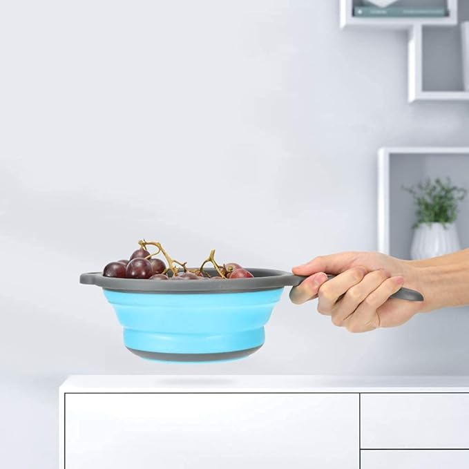 Kitchen Foldable Silicone Strainer Colanders, Collapsible Colanders with Handles, Space-Saver Folding Strainer Colander for Draining Pasta, Vegetable (Blue)