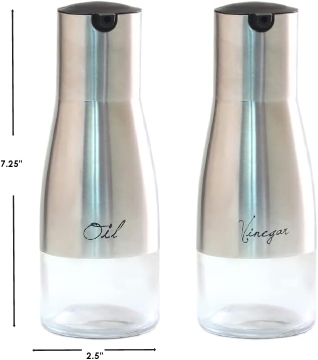 Oil and Vinegar Dispenser Set by Home Basics | Brushed Stainless Steel & Glass Containers with Anti-Drip Spout Lid | Easy Refill with Screw Tops | Labeling in Script "Oil" & "Vinegar"