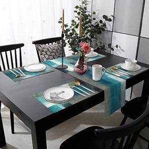 ArtSocket Farmhouse Table Runner and Placemats Set of 6, Abstract Green Blue Grey Teal Painting Art Dining Decor for Daily Use(1 Table Runner 72 inches Long and 6 Placemats)