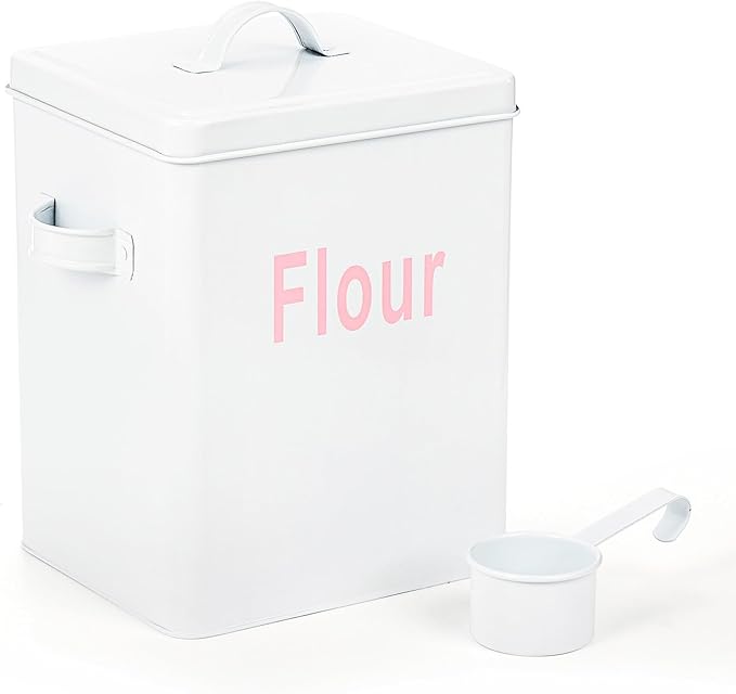 Youeon Metal Flour Container with Scoop and Lid, 6.3 Quart (Holds up to 7 lbs), Galvanized Steel Flour Canister with Handles, Farmhouse Square Storage Bin for Kitchen Counter, Pantry, White