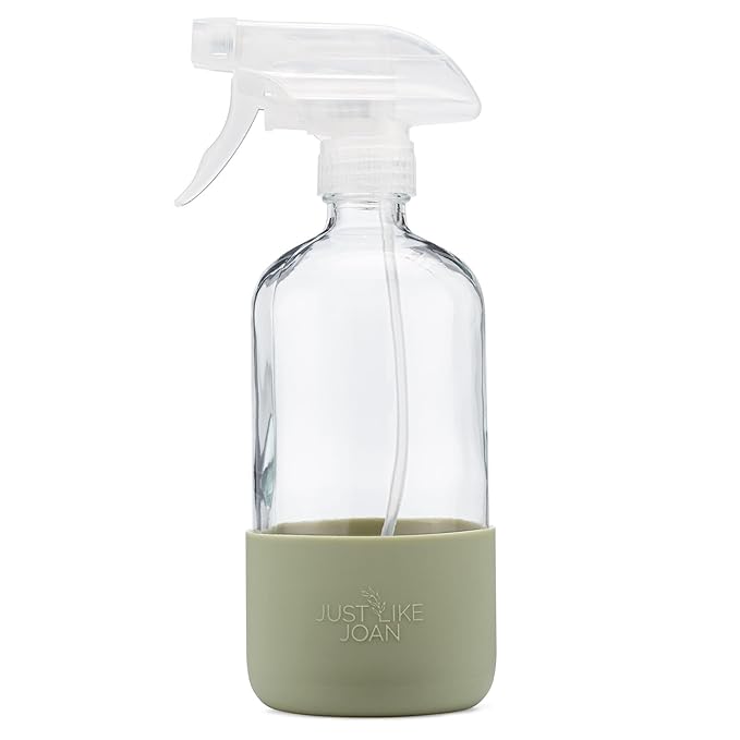 Clear Glass Spray Bottle with Silicone Sleeve for Cleaning Solutions, Essential Oils, Plants, Vinegar - 16 oz, Refillable, Food Safe (2-PACK: Steel Gray & Sage Green)
