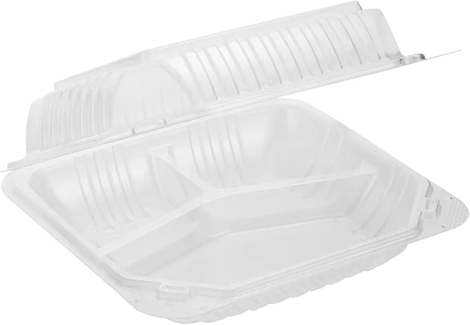 Front Lock MFPP Hinged Food Containers, 8" x 8" White Vented Clamshell – 3 Compartment Disposable Takeout Boxes, Durable Microwaveable Containers for Restaurants, & Food Service – 150 Pack