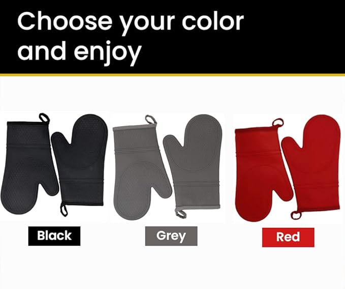 Oven Mitts, Potholders & Oven Mitts, Heat Resistant Silicone, Non-Slip, Flexible, Durable, Easy Clean, Cotton Lining, Each Oven Mitt is Double Sided (Pair of 2 Oven Mitts) Grey