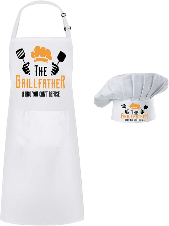 Hyzrz Chef Apron Hat Set,Adjustable Chef Hat and Apron Baker Costume with Pocket for Kitchen Grill BBQ Fathers Mothers Gift
