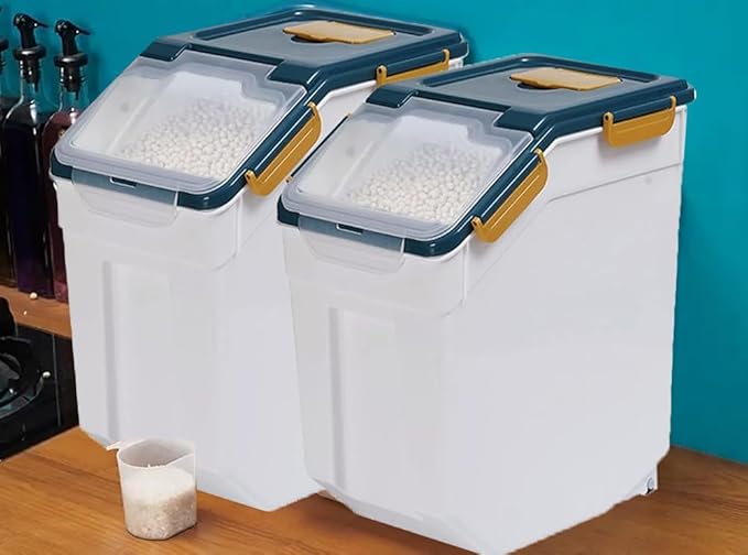 Saim Flour Storage Container 25lb, 4Pack Airtight Rice Storage Containers with Wheels, Measuring Cup, Scoop for Flour, Rice, Grain, Cereal, Dry Food Organizer (Dark Blue)