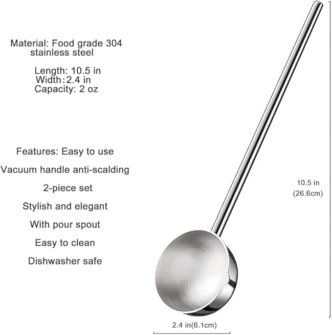 Small Soup Ladle SUS304 Stainless Steel Metal Deep Spoon With Pour Spout 2 oz Long Handle Gravy Ladles Heat-Resistant for Kitchen Cooking Serving Soups and Drizzle Sauces 2 Pack Set (10.5 inch)