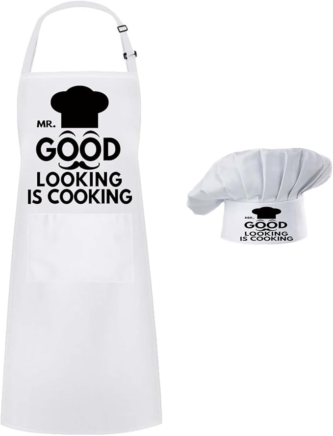 Hyzrz Chef Apron Hat Set,Adjustable Chef Hat and Apron Baker Costume with Pocket for Kitchen Grill BBQ Fathers Mothers Gift