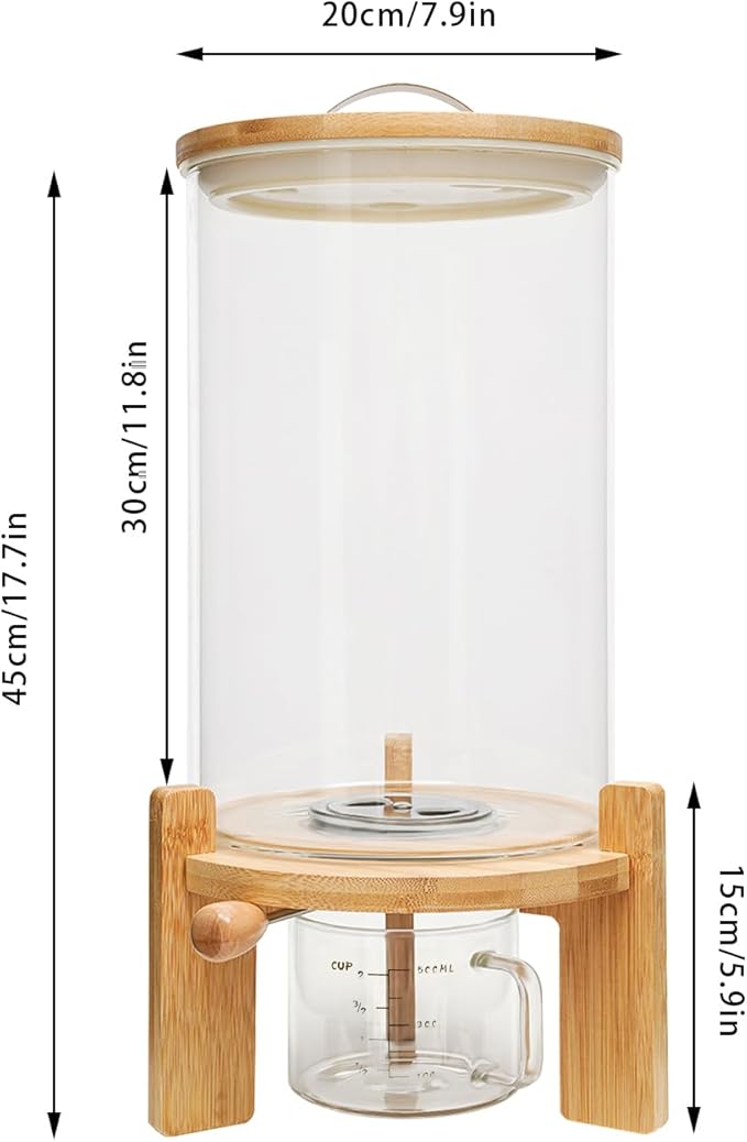 Rice Dispenser, 7.5L Glass Rice Container Cereal Container with Bamboo Stand Large Food Storage Container Flour Organization with Airtight Lid & Measuring Cup for Grain Legumes (7.5L)
