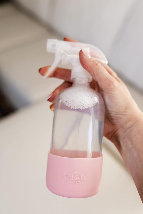 Clear Glass Spray Bottle with Silicone Sleeve for Cleaning Solutions, Essential Oils, Plants, Vinegar - 16 oz, Refillable, Food Safe (Blush Pink)