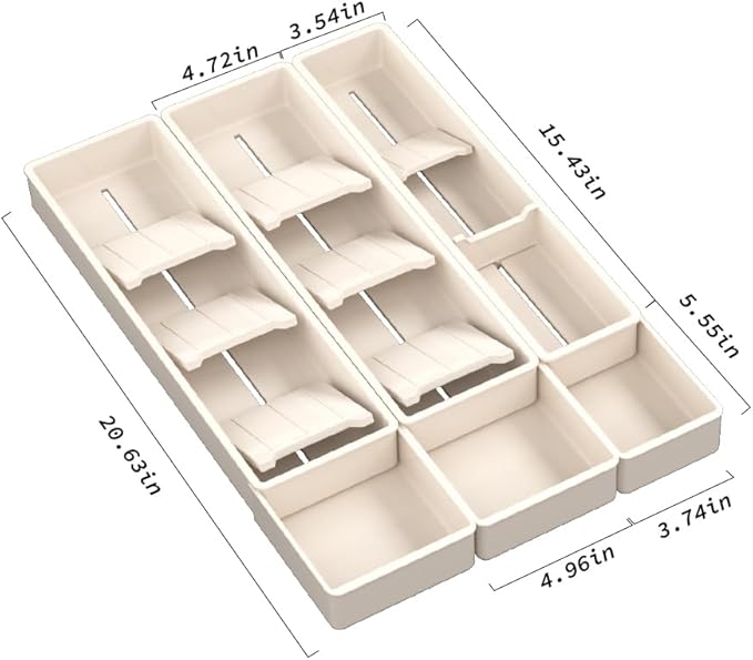 Silverware Drawer Organizer with Expandable Panel & Removable Dividers – Fits 15.67" to 21.18" Kitchen Drawers, Space-Saving Utensil Storage Solution (Milk White, W13.6 x L15.7 inches)