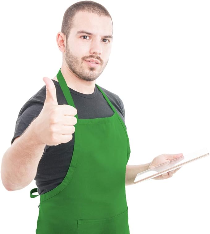 Total 15 PCS Green Plain Bib Aprons Bulk for Women Men-Unisex Adult Aprons with 2 Front Pockets (Leaf Green-15 pcs)