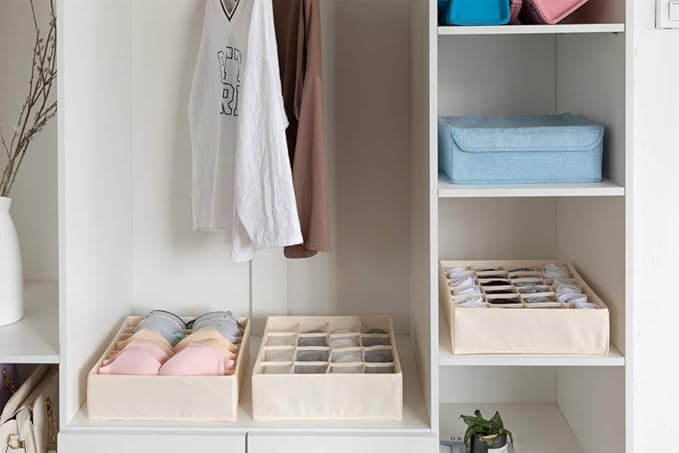 ALYER Collapsible Bra(A-C Cup) Drawer Organizer,Durable Cloth Storage Box Bins Dividers for Panties,Underwear,Socks,Lingerie(Beige-7 Cells)