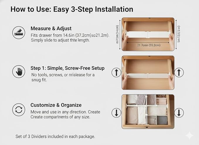 3 Count - Adjustable Drawer Dividers and Separators | Expandable Length from 12.7 to 21.4 Inches | Multipurpose Organizer for Cosmetics, Tools, and Clothes | Plastic Dresser Drawer Organizer (White)