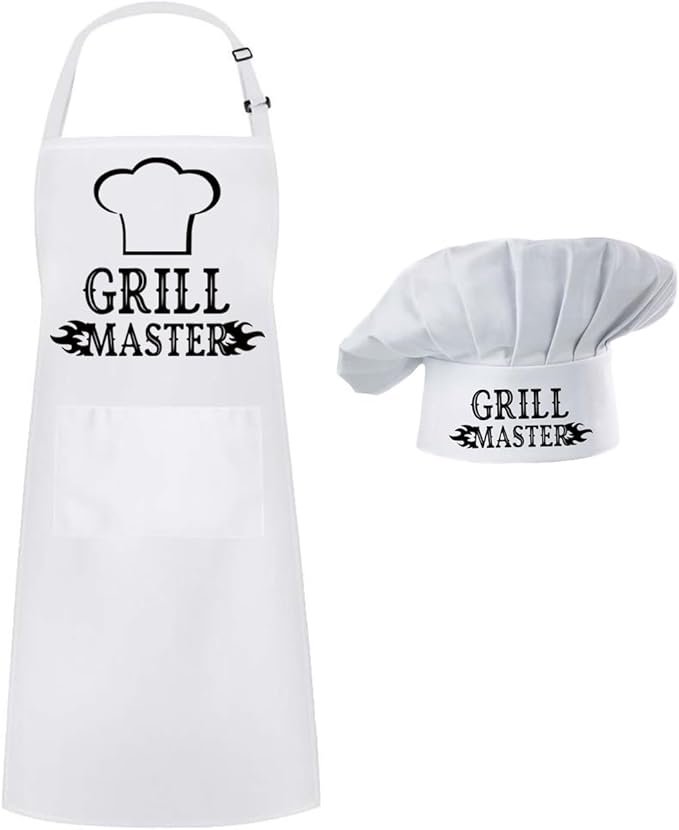 Hyzrz Chef Apron Hat Set,Adjustable Chef Hat and Apron Baker Costume with Pocket for Kitchen Grill BBQ Fathers Mothers Gift