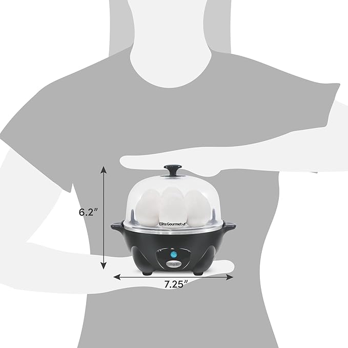 Elite Gourmet EGC710DKG Rapid Egg Cooker, 7 Easy-To-Peel, Hard, Medium, Soft Boiled Eggs, Poacher, Omelet Maker, Auto Shut-Off, Alarm, 16-Recipe Booklet, BPA-Free, Ash
