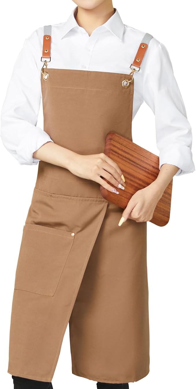 KITCHIEF Pottery Apron Split Leg,Cross Back Chef Apron with Pockets,Painting Apron with Adjustable Straps for Cooking,Baking,BBQ,Ceramic,GardeningQ(Brown)