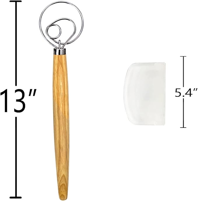 Danish Dough Whisk, Sourdough Tools For Bread Mixer, Dutch Style Bread Whisk For Sourdough Cooking Kitchen with Stainless Steel Danish Sourdough Whisks Bread Mixer 13" and Dough Scraper