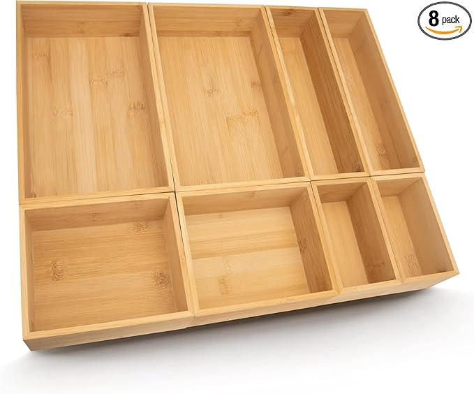 LEIMO KPARTS 8 Pcs Bamboo drawer Organizer Storage Box, Bin Set - Multi-Use bamboo Drawer Organizer Storage boxes for Kitchen Utensils, Bathroom, Office Desk, Makeup(8 Boxes)