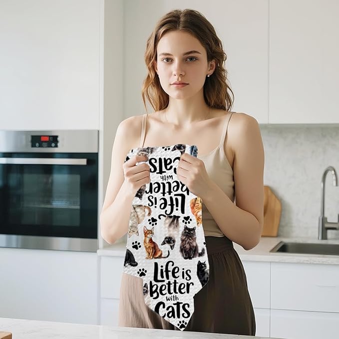 Jztco Cute Cat Kitchen Towels, Floral Cats Gifts Reusable Hand Tea Towel, Waffle Dish Towels for Kitchen Home Bathroom Decor, Cat Lover Gifts for Women Mom 24x14 Inch