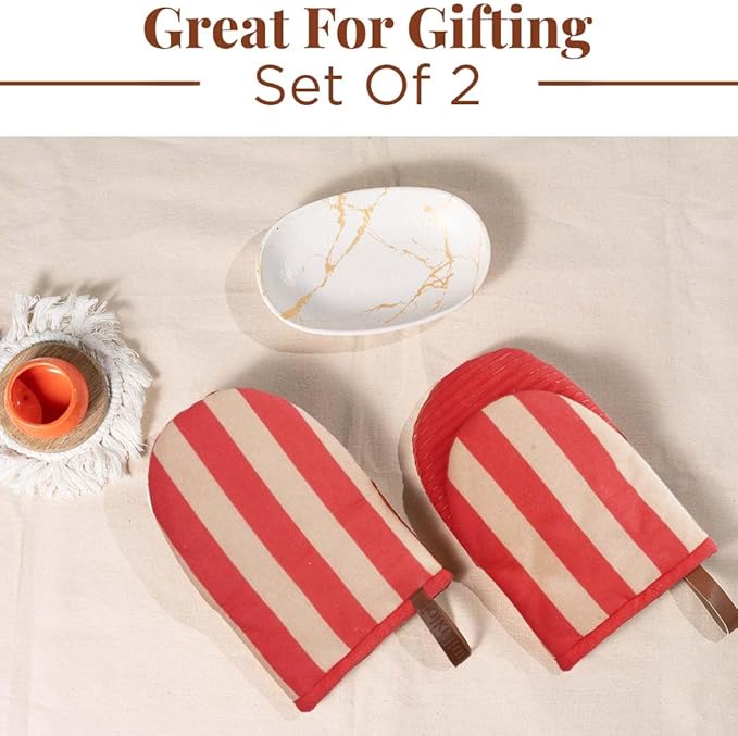 Folkulture Red Oven Mitts - Set of 2 (5.75"x9") | Cute Red Oven Mitts with Hanging Loop for Cooking Gifts, Kitchen Decor| 100% Cotton, Silicone Heat Resistant Oven-Gloves for New Home Essentials