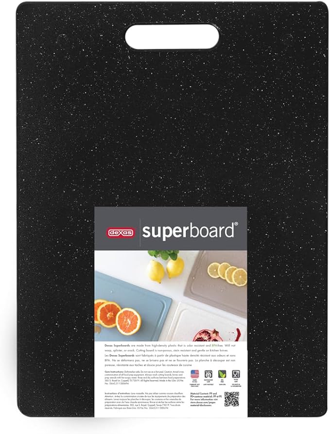 Dexas Superboard Cutting Board with Handle 11 x 14.5 inch Midnight Granite, Kitchen Prep Board, Dishwasher Safe, Non-Porous Poly Surface, Made in USA