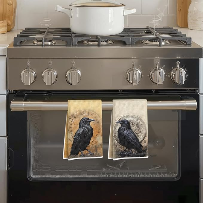 Blue Leaves 2 Pcs Vintage Raven Kitchen Towels, Dark Aesthetic Decorative Absorbent Microfiber Dish Cloth Tea Towel, Waffle Soft Hand Towels for Farmhouse Home Bathroom