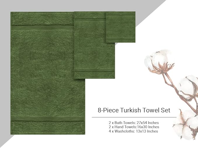 Towel Bazaar Premium Cotton Super Soft and Absorbent Turkish Towels (8-Piece Towel Set, Moss Green)
