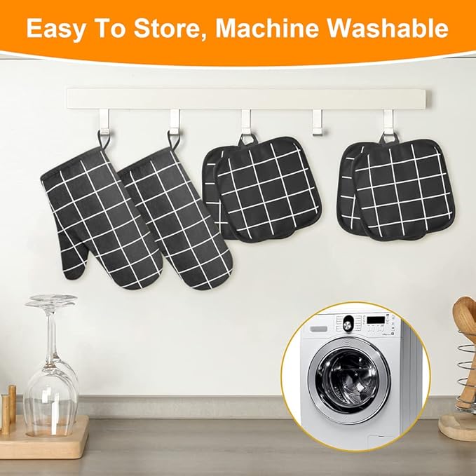 AUAUY Oven Mitts and Pot Holders 6PCS Set, 392°F Heat Resistant Cooking Gloves and Hot Pads Baking Mittens Grilling Gloves BBQ Gloves Non-Slip Kitchen Mittens for Oven Cooking Baking Grilling