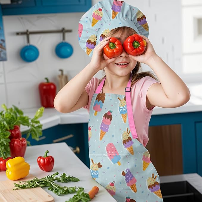 SANDJEST Kids Apron with Chefs Hat Set, Kitchen Apron Gifts