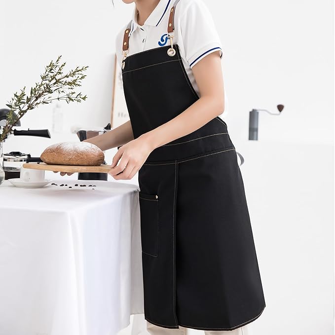 KITCHIEF Pottery Apron Split Leg,Cross Back Chef Apron with Pockets,Painting Apron with Adjustable Straps for Cooking,Baking,BBQ,Ceramic,Gardening(Black)