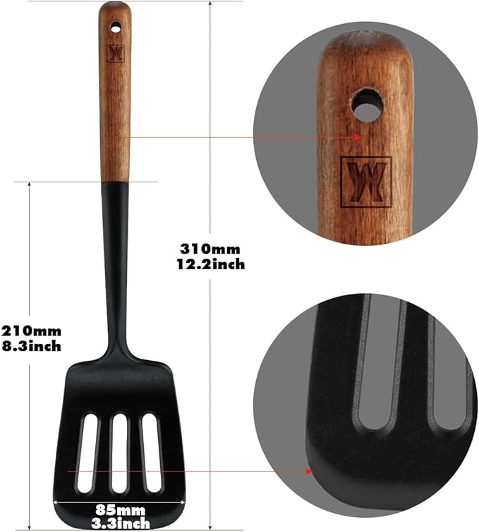 WAGENSTEIGER Set of 2pc Silicone Cooking Utensils: Wooden Handle Slotted Spatula + Cooking Ladle, Heat Resistant Cooking Utensil, BPA Free, Protects Surfaces with Gentle Head Design
