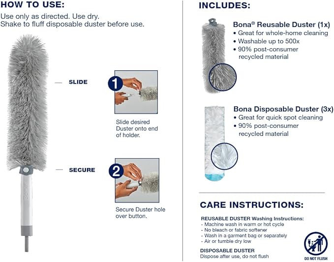 Bona High Performance Dusting System - 1 Compact Handle, 5 Disposable Dusters, & 1 Reusable Duster - Compact Dusting Kit Removes Dust & Pet Hair