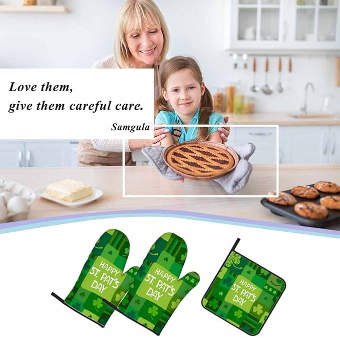 St. Patrick's Day Oven Mitts and Pot Holders Sets Shamrock Lucky Heat Resistant 3pcs for Cooking Baking BBQ