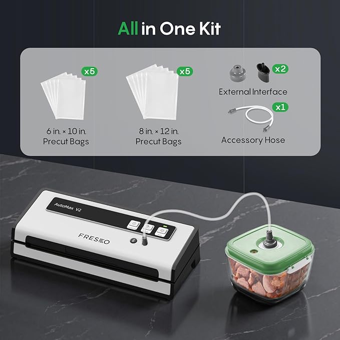 FRESKO Vacuum Sealer Machine with Automatic Bag Detection, 0.2-inch widened heating strip, Compact Food Sealer, Easy to Use, Starter Kit