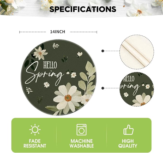 Artoid Mode Daisy Flowers Round Hello Spring Placemats Set of 4, 14 Inch Seasonal Summer Holiday Table Mats for Party Kitchen Dining Decoration