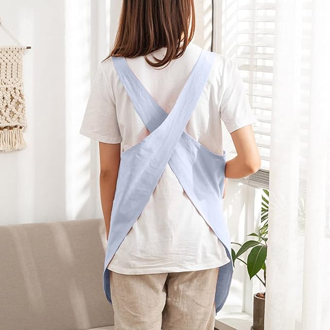 Cotton Cross Back Aprons Solid Color Cooking Kitchen Garden Smock for Women Girls with Pockets