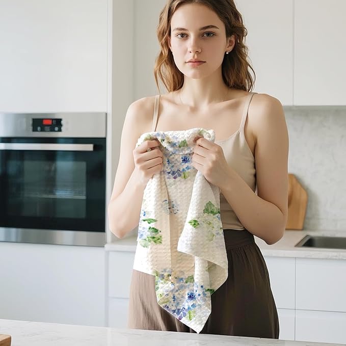 3 Pcs Blue Hydrangea Kitchen Towels, Spring Summer Flowers Decorative Absorbent Microfiber Dish Cloth Tea Towel, Waffle Hand Towels Hydrangea Decor for Farmhouse Home Bathroom, Housewarming Gifts