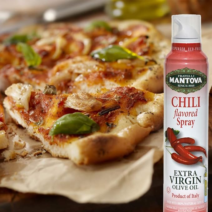 Mantova Extra Virgin Olive Oil Spray Chili Flavored 8 oz. Spray Bottle - Manage Oil Amount - Great For Salads & Cooking