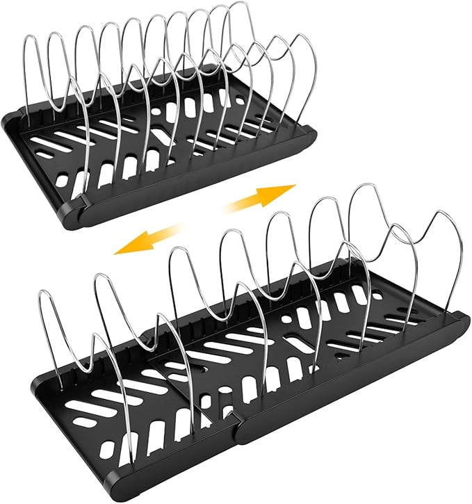 Pots and Pans Organizer for under Cabinet, Expandable Pot Lid Holder with 10 Adjustable Compartment, Pan Organizers inside Cabinet for Lids, Bakeware, Cutting Boards(COLOR:Black)