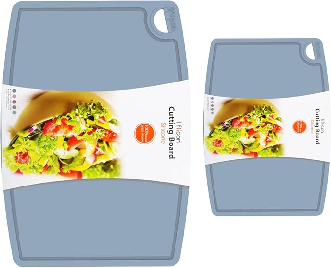 Liflicon Thick Silicone Cutting Boards for Kitchen Silicone Chopping Boards/Mats Set of 2 Extra Large14.6''x10.43'', Mini 9.1”x7.1” Non-slip Deep Drip Juice Groove, Dishwasher Safe-Light Blue