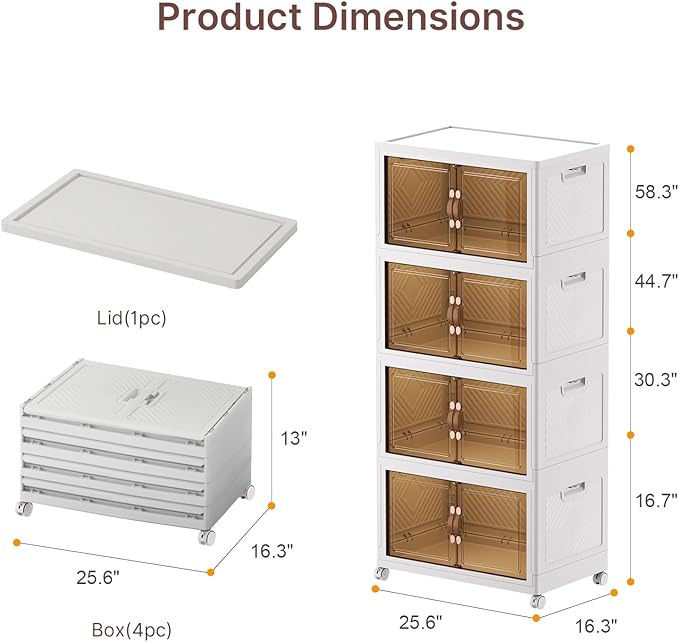 UAMFURI Stackable Storage Bins with Lids, 960QT Closet Organizers, Lockable Storage Cabinet, Foldable Storage Box with Doors and Wheels, Plastic Drawers for Home, Garage, Office (8, White, Large)