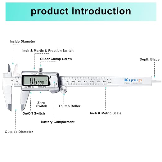 Kynup Digital Caliper, Caliper Measuring Tool, Micrometer Dial Vernier Caliper with Large LCD Screen, Full Turn Off, Stainless Steel, Switch from Inch Metric Fraction (6Inch/150MM)