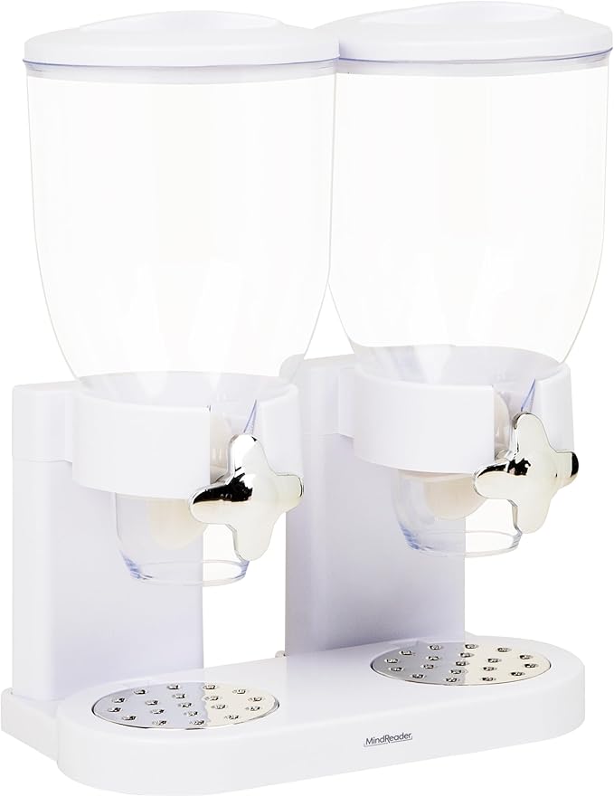 Mind Reader Double Cereal Dispenser for Countertop, 2 x 2L Airtight Containers, Rotating Dry Food Dispenser for Cereal, Rice, Candy, Coffee Beans, White