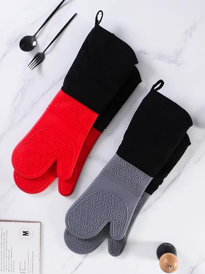 Extra Long Professional Silicone Oven Mitts with Quilted Liner, Durable Heat Resistant Oven Gloves, Heat Resistant Oven Gloves,2pcs (Red, 19.7inch)