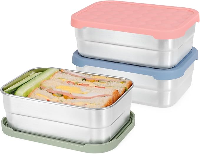 Caperci 25oz Stainless Steel Food Containers, 3-Pack Bento Lunch Box with Silicone Lids, Leak-Proof Reusable Meal Prep Container for Sandwiches & Snacks, BPA-Free (720ML)