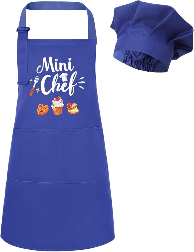 Kids Apron and Chef Hat Set, “Mini Chef” Funny Apron Adjustable Kitchen Apron for Boys and Girls