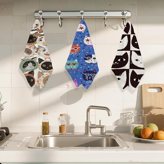 ZHAMEN 3Pcs Cat Kitchen Towels 24x14 Inch, Absorbent Vintage Dish Cloth Tea Towel, Waffle Weave Microfiber Hand Towels for Kitchen Home Bathroom Farmhouse Decor, Cat Gifts for Women Mom Friend Lovers